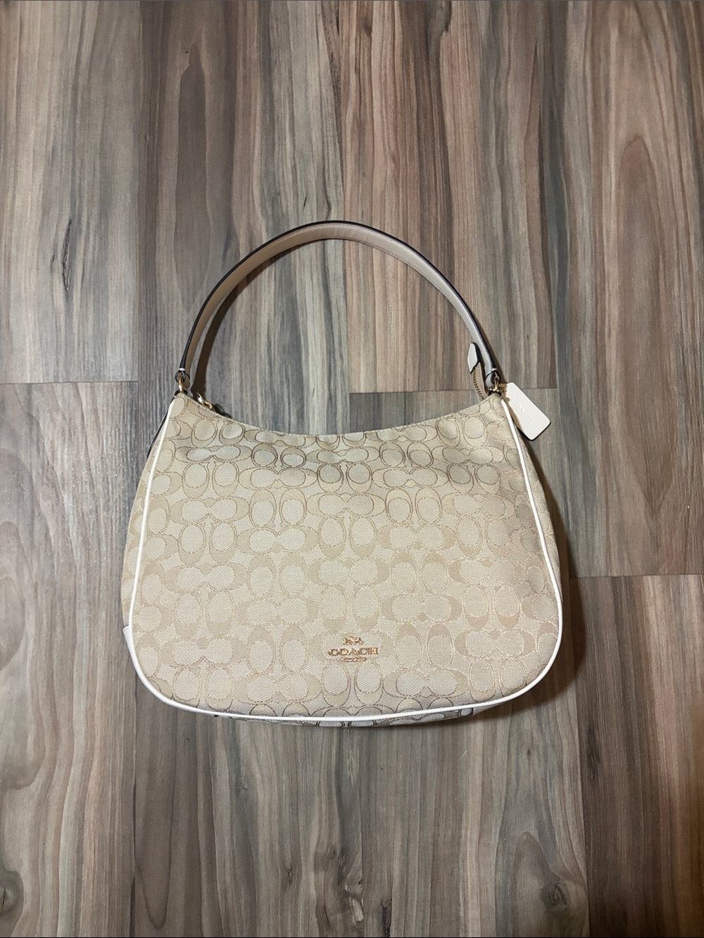 Coach Signature Pebbled Hobo Bag in Beige and White